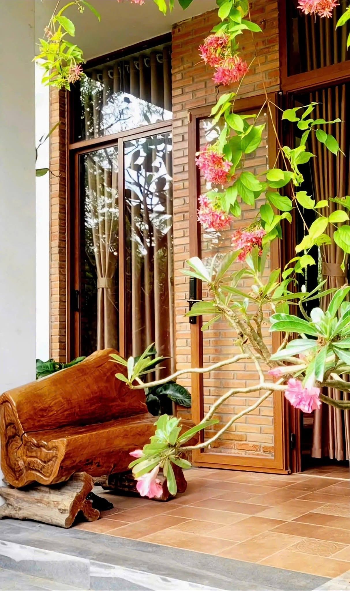 Hiên trước lát gạch tàu, ghế gỗ nguyên khối đặt cạnh cây sứ đang ra hoa